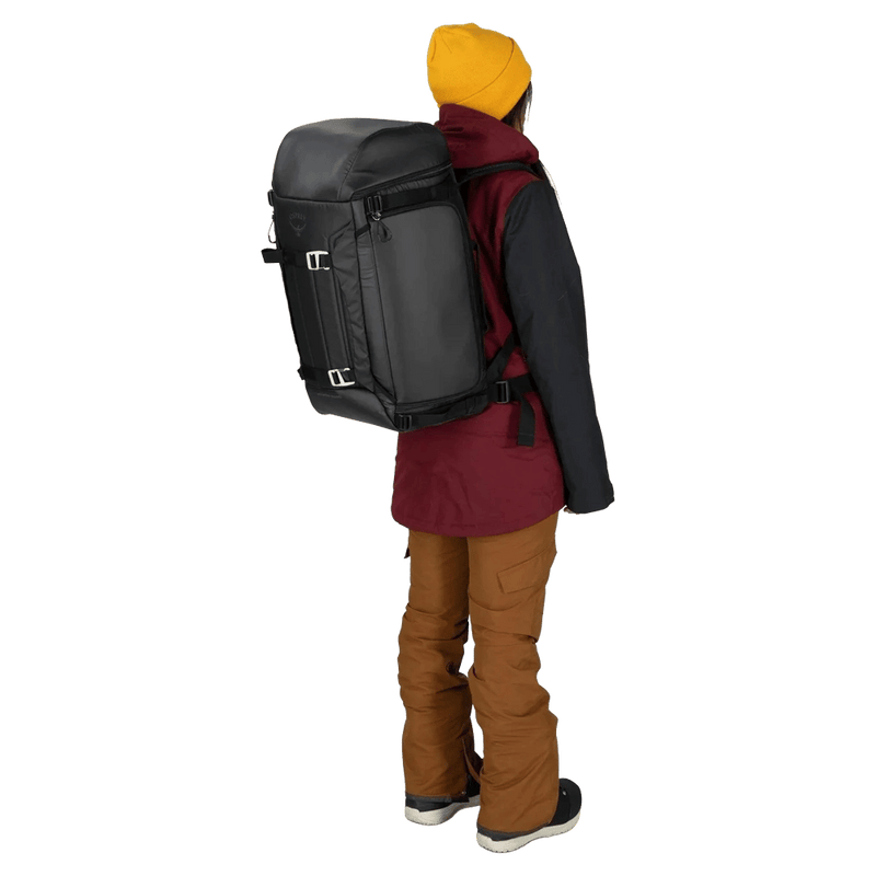 Back of Backpacker view of the OSPREY Mountain Bound Boot Pack + Black Bags, 26/27 Unisex's model