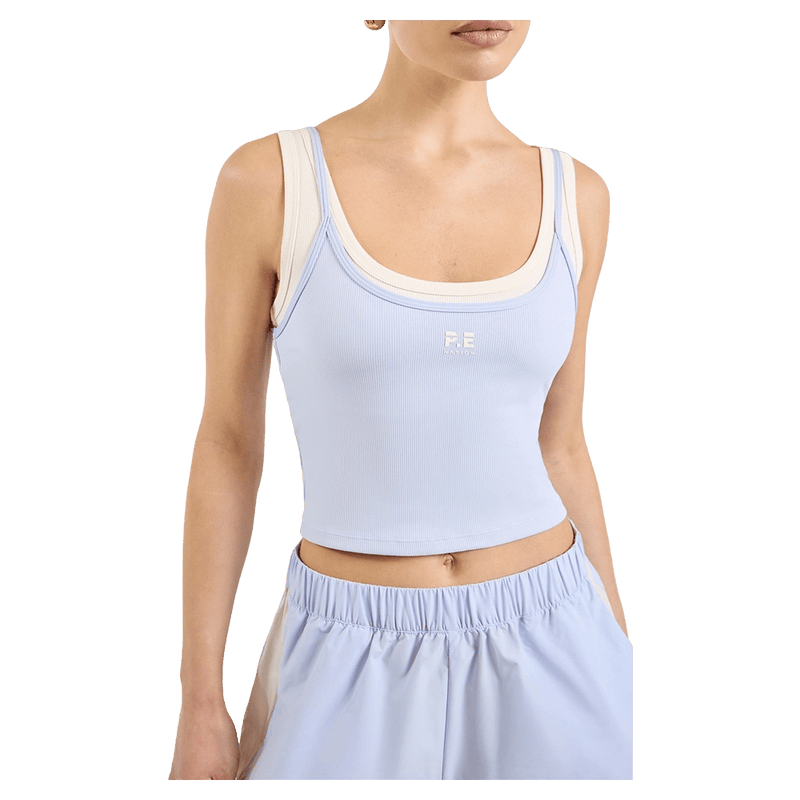 Close view of the PE NATION Forward Tank Heather Blue/Whisper White Tops, 26/27 Womens's model