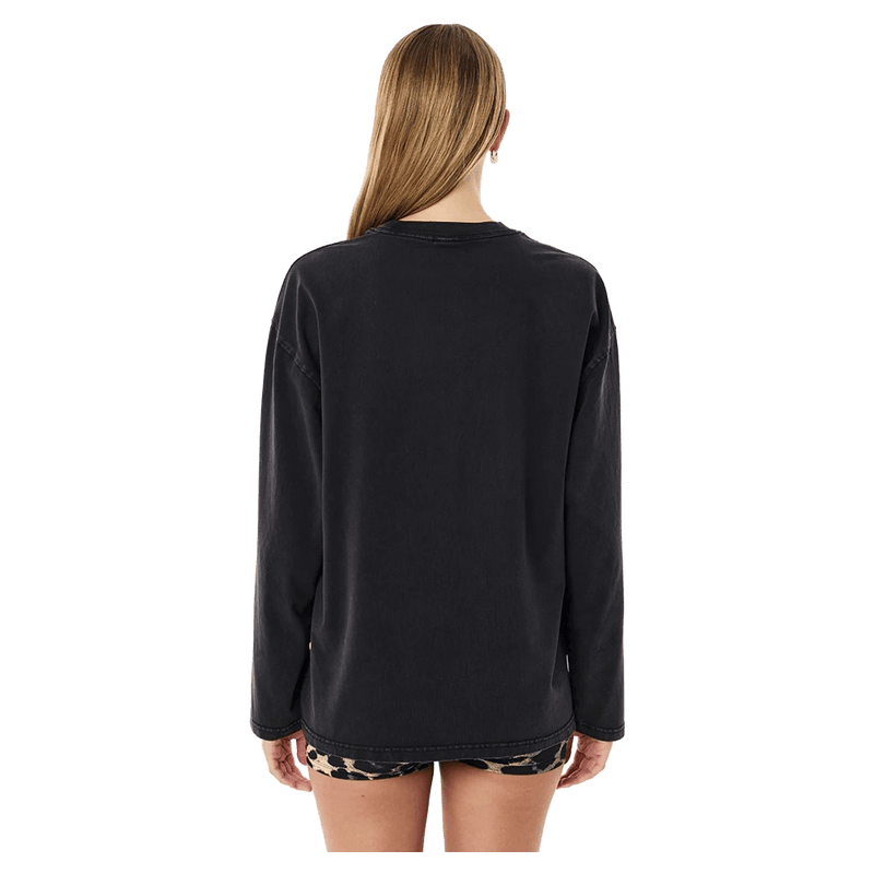 Back view of the PE NATION Oversized LS Washed Black Tee, 26/27 Womens's model