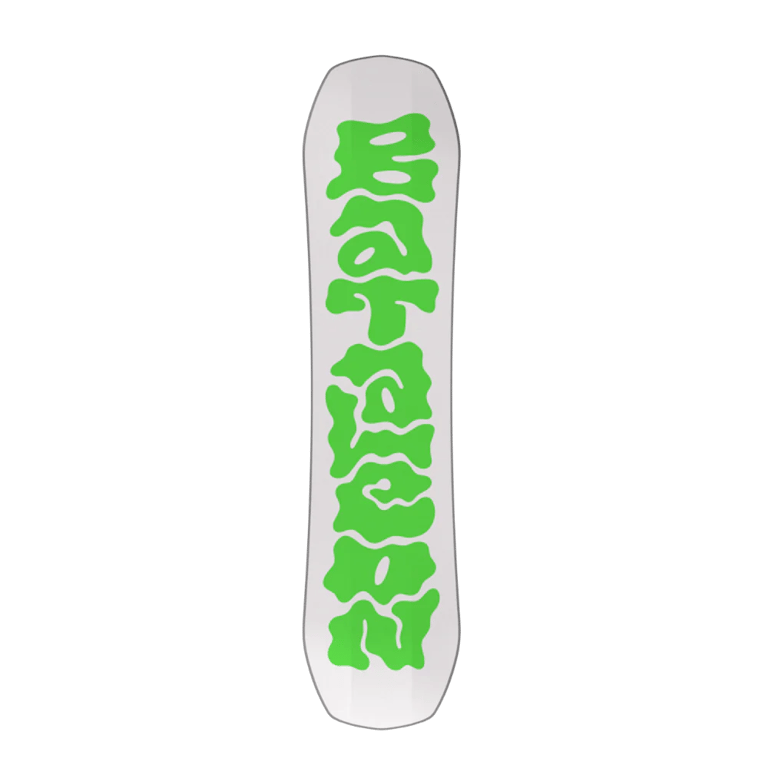 White Bataleon Minishred kids snowboard base with large vertical wavy green logo lettering.