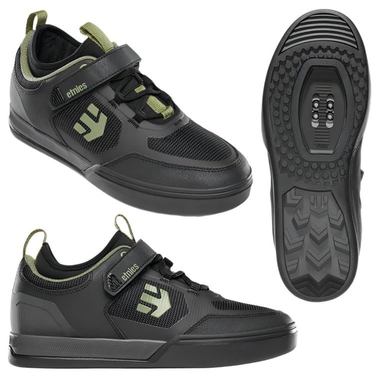 Black and olive Etnies Camber CL MTB shoes with mesh panels, velcro straps, and clipless pedal soles.