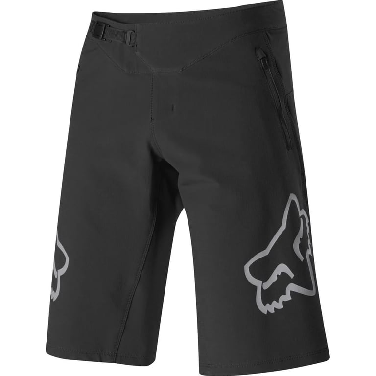 Black Fox Defend kids mountain bike shorts with grey logos, ratchet waist closure, and zippered side pocket.