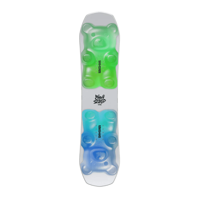 White Bataleon Minishred kids snowboard featuring a green gummy bear graphic on top and a blue gummy bear on the bottom.