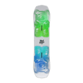 White Bataleon Minishred kids snowboard featuring a green gummy bear graphic on top and a blue gummy bear on the bottom.