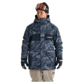 Quiksilver Mission Printed Snowboard Jacket in dark blue topographic print with hood and chest logo on a model.