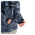 Quiksilver Mission Printed Snowboard Jacket in dark blue topographic print with hood and chest logo on a model.