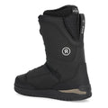 Black Ride Deadbolt snowboard boot from a side-rear view with white logo, BOA dial, and Intuition foam liner.