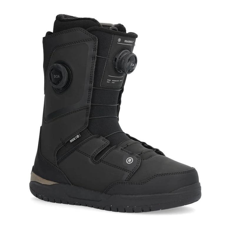 Black Ride Deadbolt snowboard boots with dual BOA lacing system, side dial, and textured rubber sole.