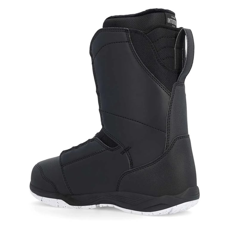 Side profile of black Ride Deadbolt snowboard boot with a white speckled sole and heel pull tab.