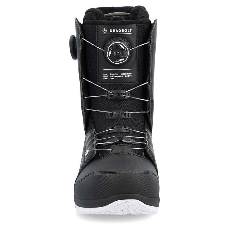 Black Ride Deadbolt snowboard boot with dual BOA dials, silver wire laces, and a white speckled sole, front view.