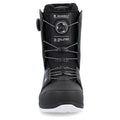 Black Ride Deadbolt snowboard boot with dual BOA dials, silver wire laces, and a white speckled sole, front view.