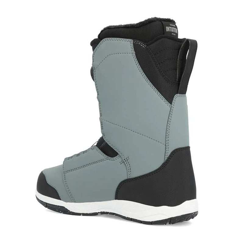 Grey and black Ride Deadbolt snowboard boot with a white midsole, rear pull loop, and Intuition foam liner.
