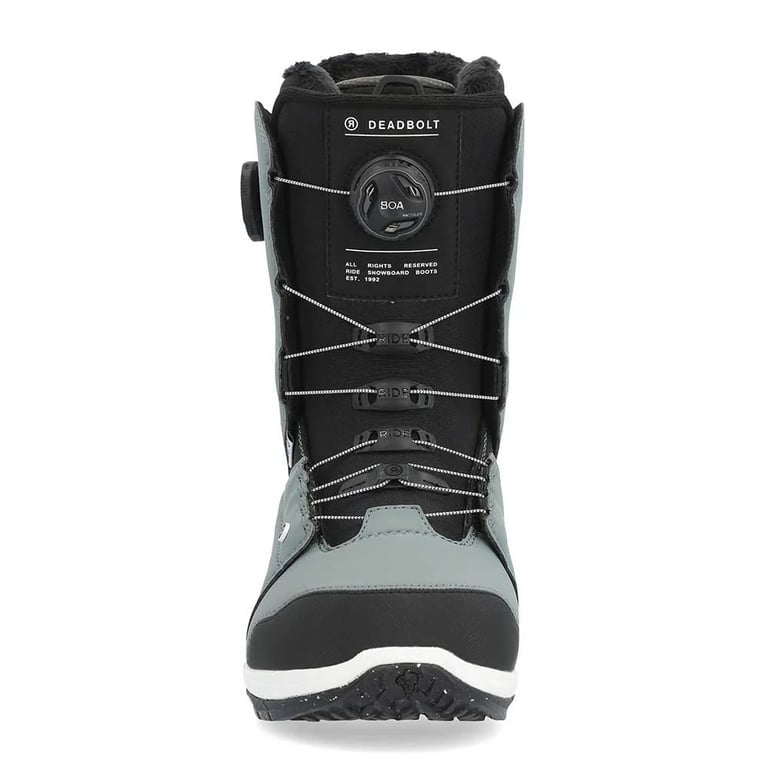 Front view of a grey and black Ride Deadbolt snowboard boot with a BOA lacing system and white midsole.