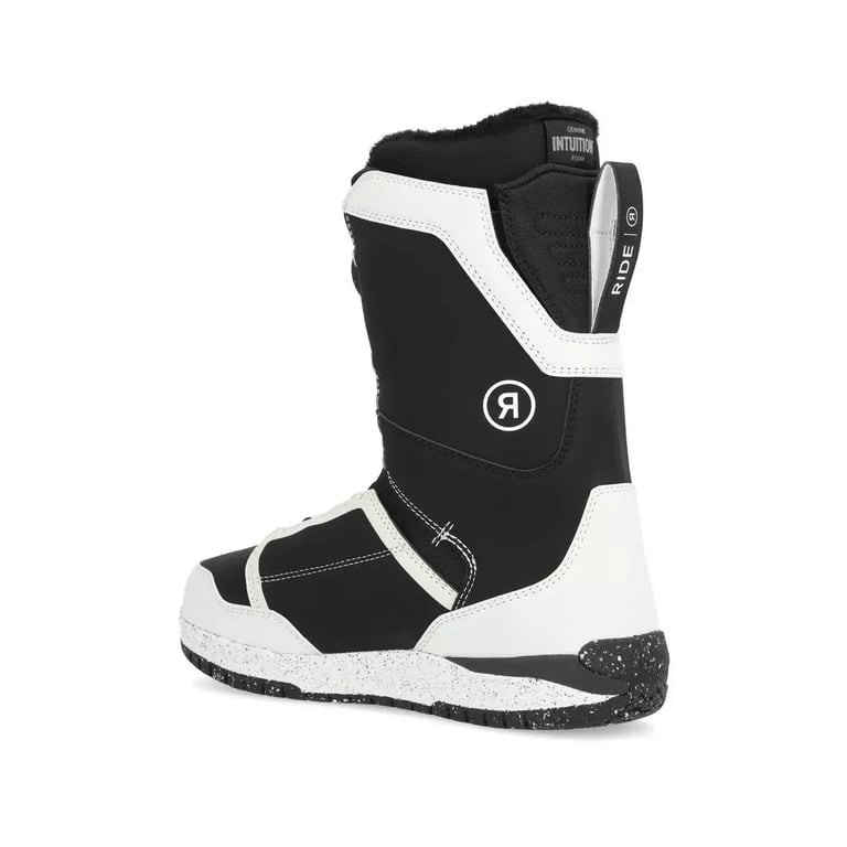 Ride Deadbolt snowboard boots in black and white with a speckled sole and side Boa lacing system.