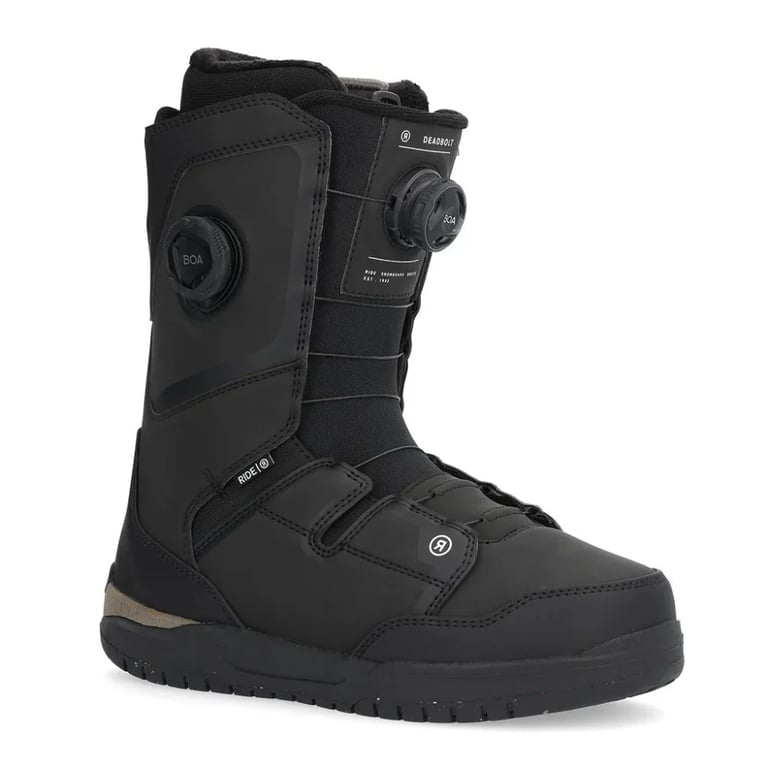 Ride Deadbolt snowboard boot in black with dual BOA lacing dials, synthetic upper, and textured rubber sole.