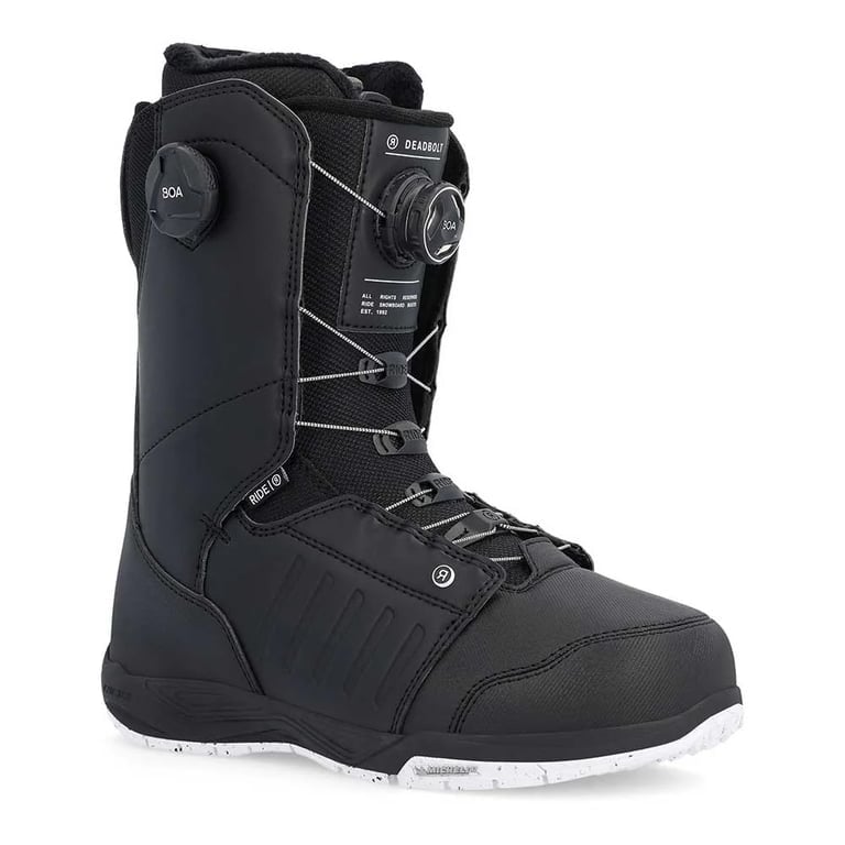 Black Ride Deadbolt snowboard boot featuring a dual BOA closure system and a white speckled outsole.