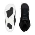 Top and bottom view of black Ride Lasso Jr kids snowboard boots with BOA lacing and a white textured sole.