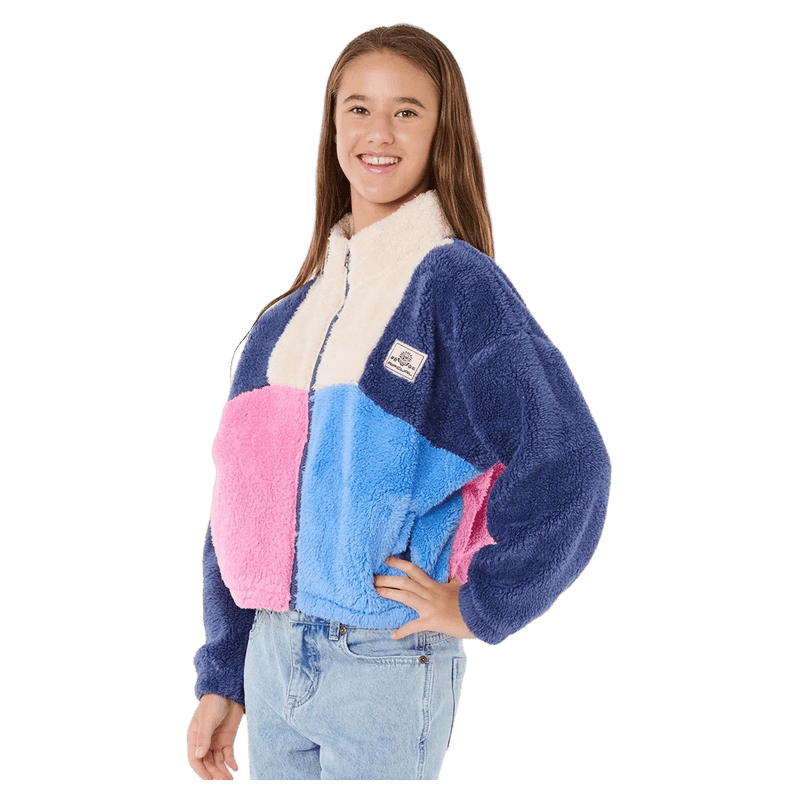 Rip Curl Block Party Fleece for kids in pink, blue, and cream color-block sherpa with a zip-up mock neck.