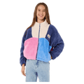 Rip Curl Block Party Fleece kids' jacket in color-blocked pink, blue, and cream sherpa with a full-zip front.