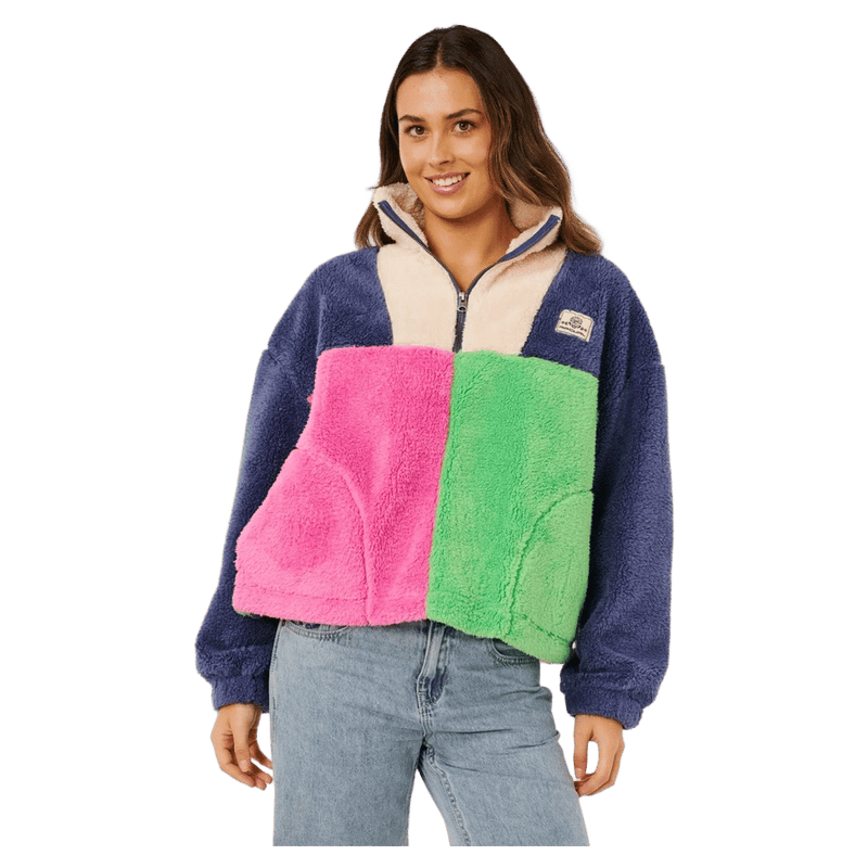 Rip Curl Block Party women's polar fleece jumper in blue, pink, and green color-block with a half-zip and high collar.