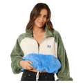 Rip Curl Hotel Malibu polar fleece in green, cream, and blue with a half-zip, high collar, and fuzzy texture.
