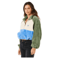 Rip Curl Hotel Malibu women's fuzzy polar fleece with green sleeves, cream and blue panels, and a quarter-zip collar.