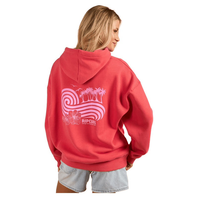Back view of a coral pink Rip Curl hoodie featuring a pink wave and palm tree graphic on the back.