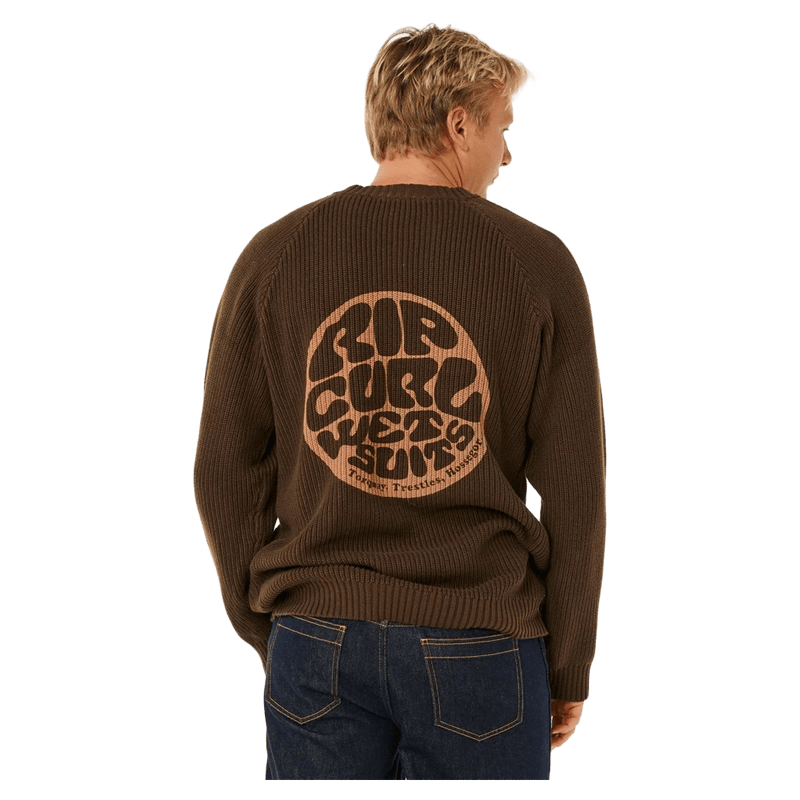 Rear view of a brown Rip Curl ribbed knit jumper with a large circular Rip Curl Wetsuits logo on the back.