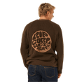 Rear view of a brown Rip Curl ribbed knit jumper with a large circular Rip Curl Wetsuits logo on the back.
