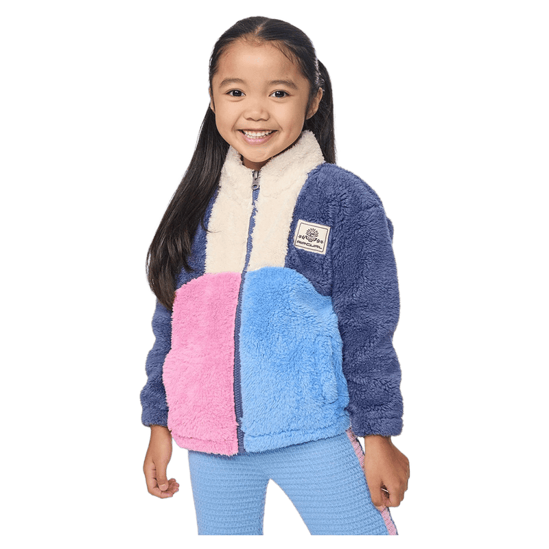 Kids Rip Curl Surf Block Polar Fleece with pink, light blue, and navy color-blocked fuzzy panels and a zip-up front.