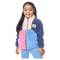 Kids Rip Curl Surf Block Polar Fleece with pink, light blue, and navy color-blocked fuzzy panels and a zip-up front.