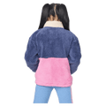 Back view of a Rip Curl kids blue and pink color-block polar fleece jumper with a cream collar.