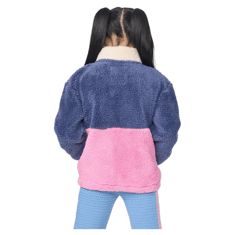 Back view of a Rip Curl kids blue and pink color-block polar fleece jumper with a cream collar.