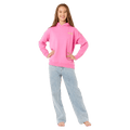 Girl wearing a bright pink Rip Curl Surf Puff Heritage Hoodie and light blue jeans.