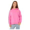 Rip Curl Surf Puff Heritage Hoodie for kids in bright pink with yellow chest logo, worn by a girl.
