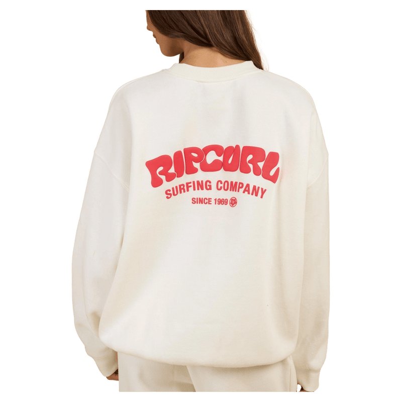 Back view of a white Rip Curl Surf Puff Inspired Crew jumper with a red puff print logo on the back.