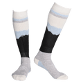 Rojo All Mountain Womens Socks with mountain range pattern in black, light blue, and white on a grey knit base.