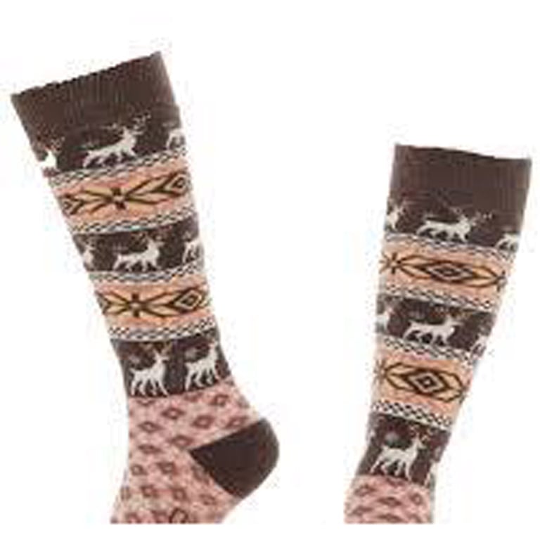 Rojo Nordic Snowflake Socks for women in brown and pink with white reindeer and geometric knit patterns.