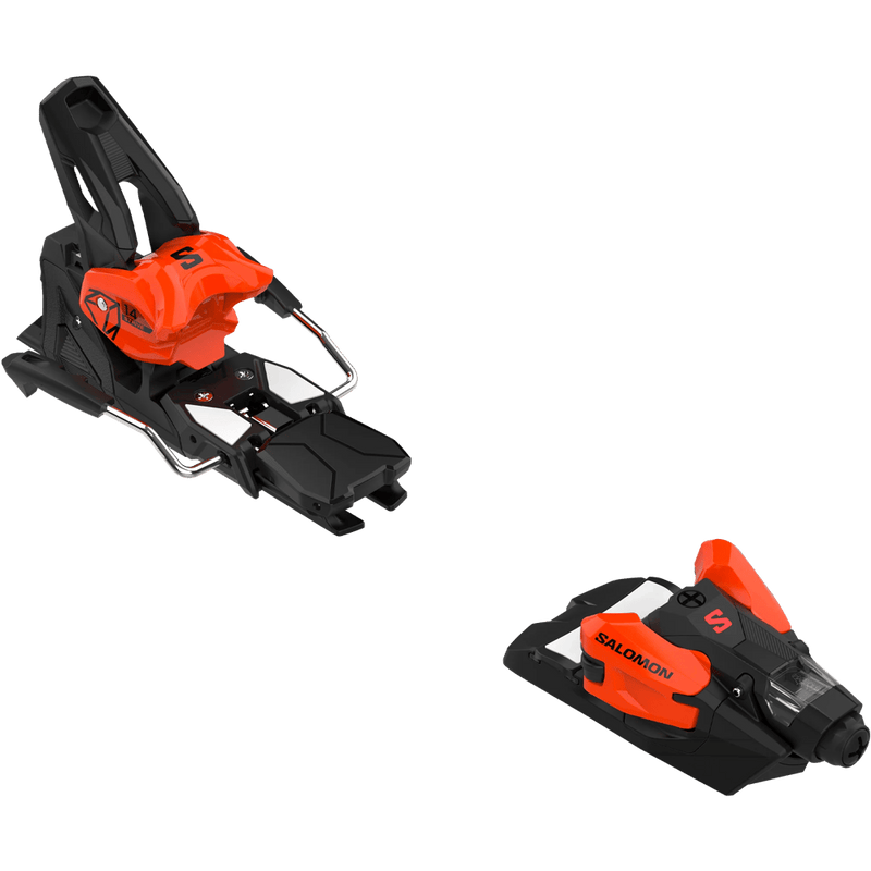 Black and orange Salomon Strive 14 MN ski bindings showing the toe and heel pieces from a three-quarter angle.