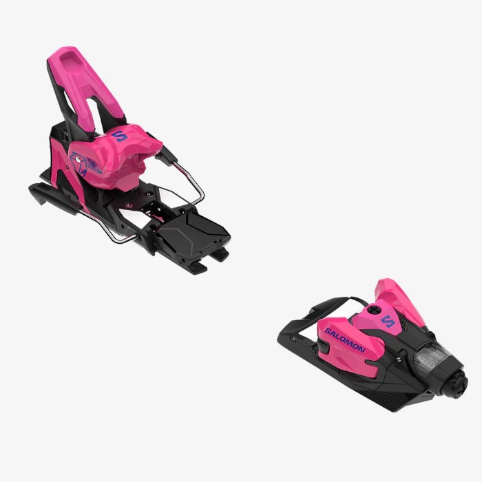 Salomon Strive 14 MN ski bindings in pink and black, featuring the toe and heel pieces from a three-quarter angle.