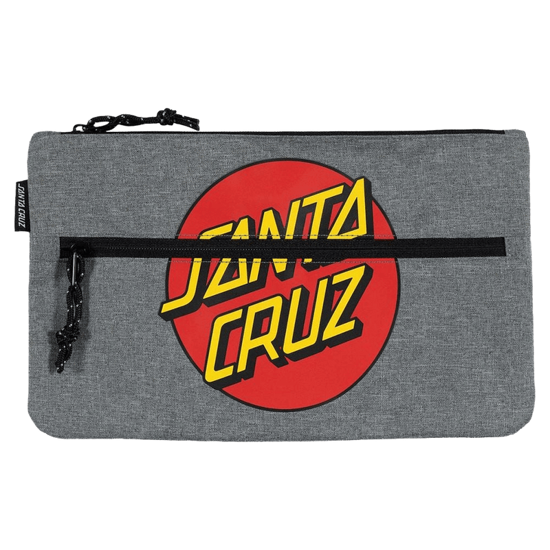 Heather grey Santa Cruz pencil case featuring a large red Classic Dot logo and two black zippers with cord pulls.