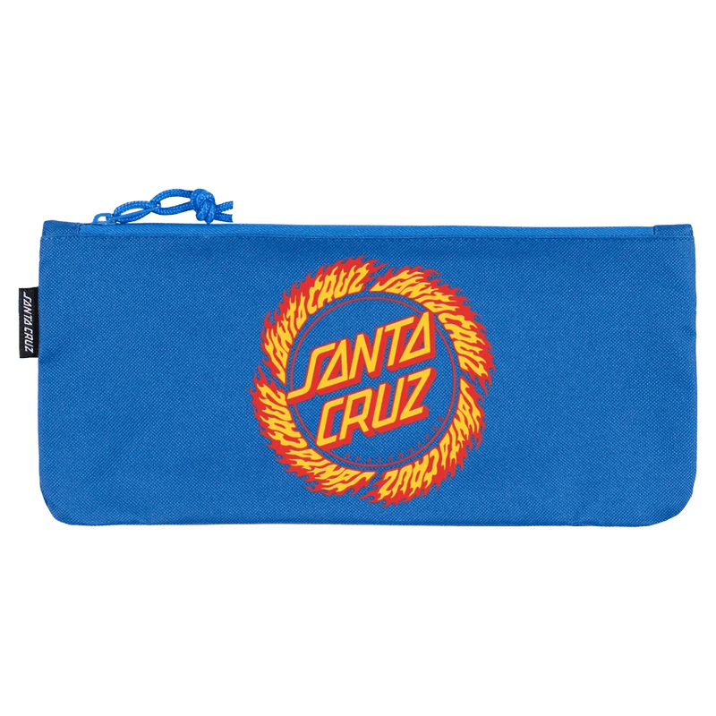 Blue Santa Cruz pencil case with a red and yellow flame ringed dot logo and a blue cord zipper pull.