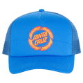 Blue Santa Cruz kids trucker cap with mesh back and orange flame ringed dot logo on the front foam panel.
