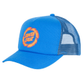 Bright blue Santa Cruz kids trucker hat with orange flame ringed dot logo and mesh back, side profile.