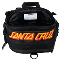 Top view of an open black Santa Cruz kids backpack with a yellow logo and interior name tag.