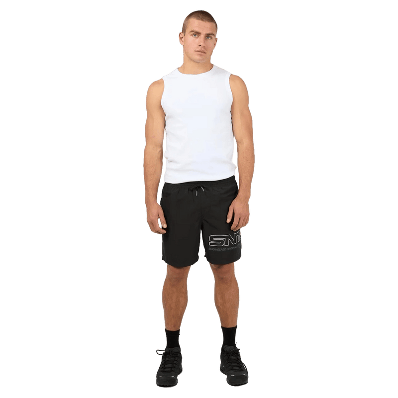 Full-body view of the St Goliath Hyperlink Shorts in Black colourway, men's model