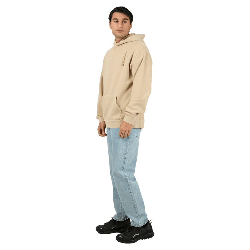 Full-body view of the St Goliath Compressor Hoodie in Sand colourway, men's model