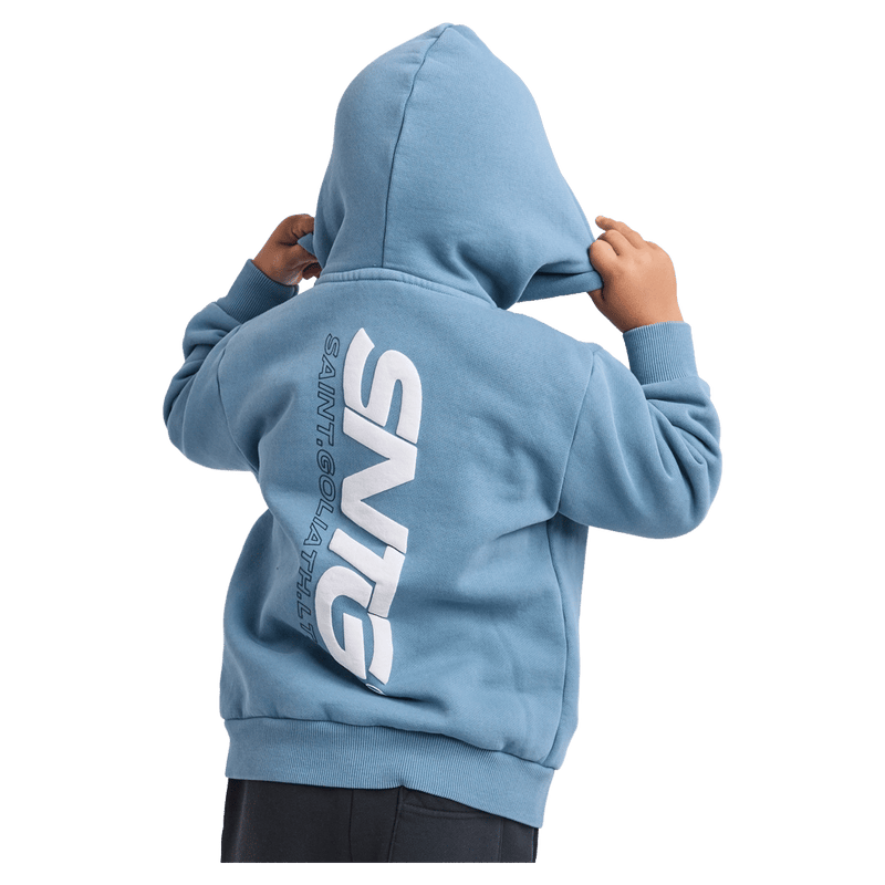 Back view of the St Goliath Challenger Hoodie in Mid Blue colourway, kids's model