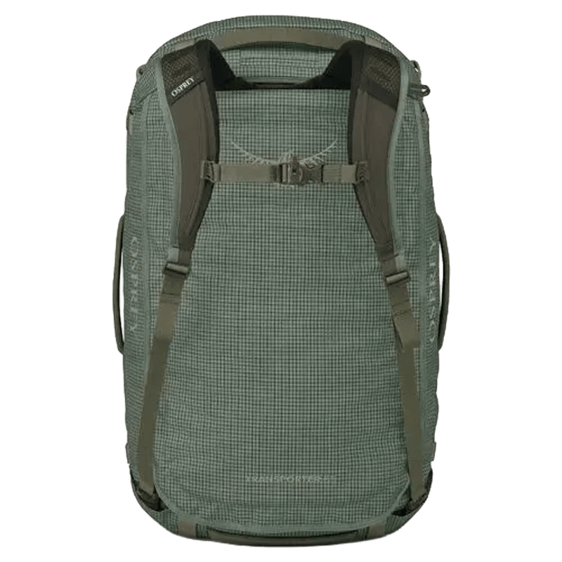 Back view of the OSPREY Transporter Duffel Backpack 65L Pine Leaf Bags, 26/27 Unisex's model