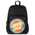 Front view of the Ranger Mfg Backpack from Santa Cruz in Black featuring a yellow, orange and blue cirle log on the front zip pocket, a black base and top carry handle.